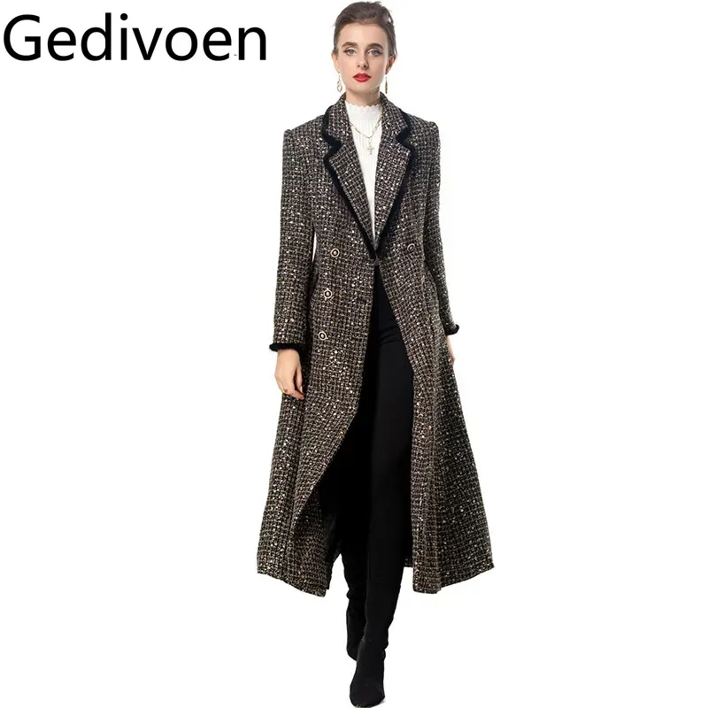 Gedivoen Autumn and winter Women's Coat Long-Sleeved Notched Double-breasted Sequins design Streetwear Brown Overcoat