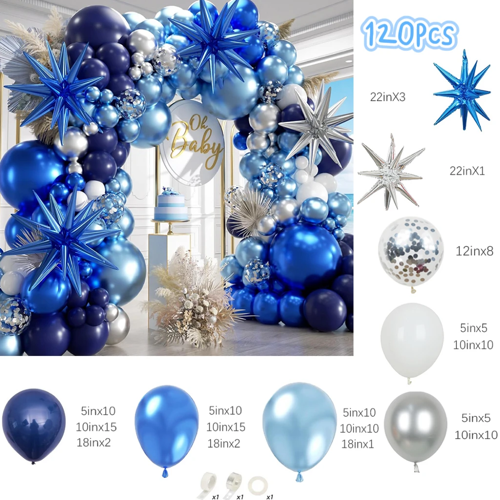 120Pcs Navy Blue White Silver Balloons Garland Arch Kit Metallic Blue Silver Confetti Balloon for Birthday Party Decorations