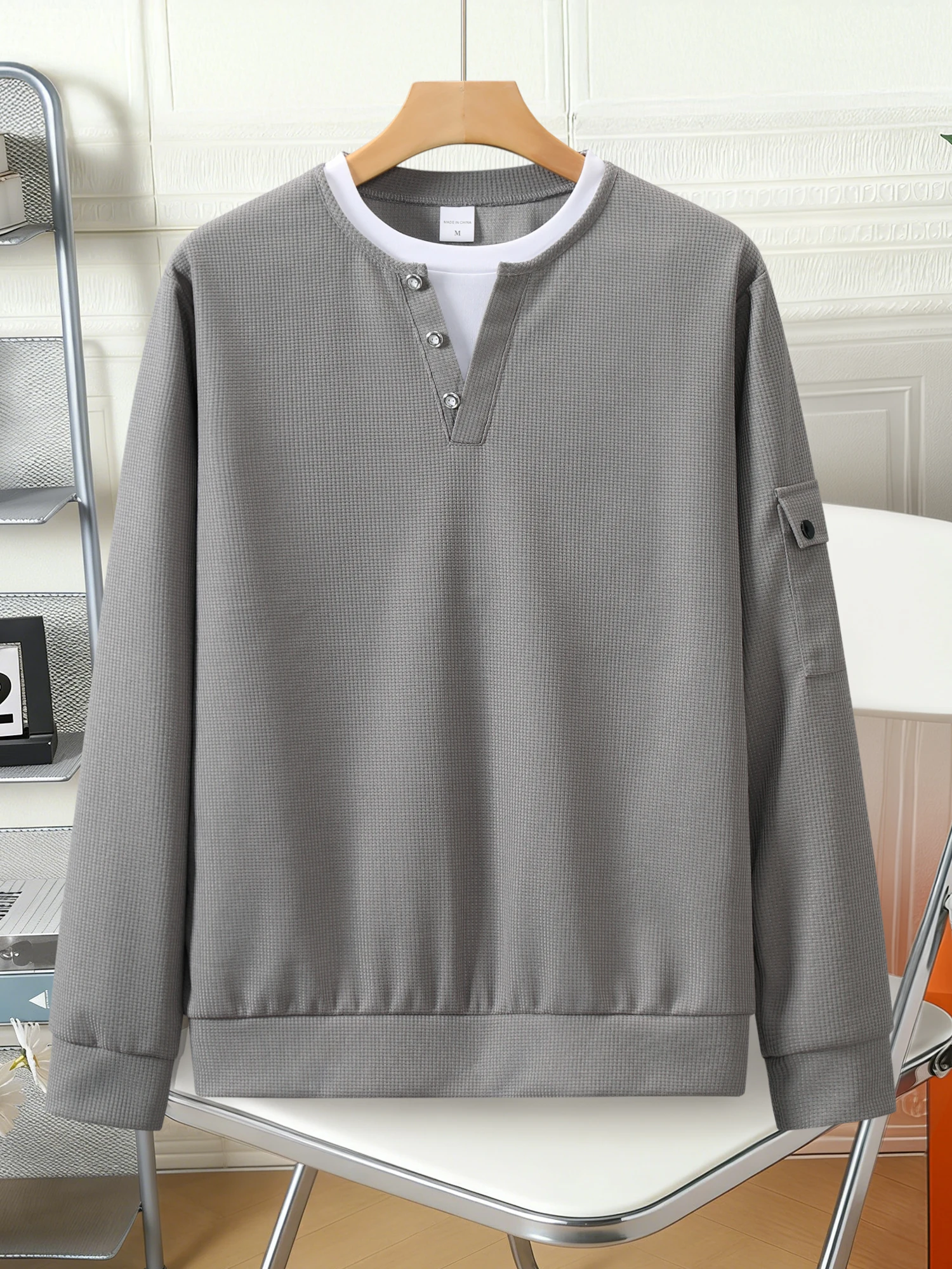 Spring Autumn Men New Button Henley Neck Shirt Long Sleeve Casual Solid Color TShirt Fashion Waffle Cotton Fake Two-Piece TShirt