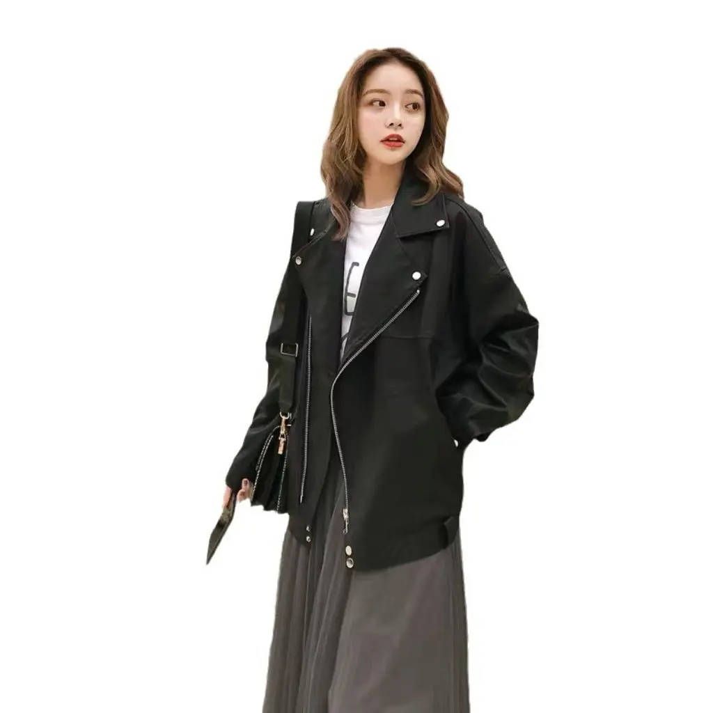 Damska, ocieplana kurtka motocyklowa ze skóry, styl koreański BF, luźny krój, mieszanka PU i bawełny, krótka kurtka na jesień i zimę.