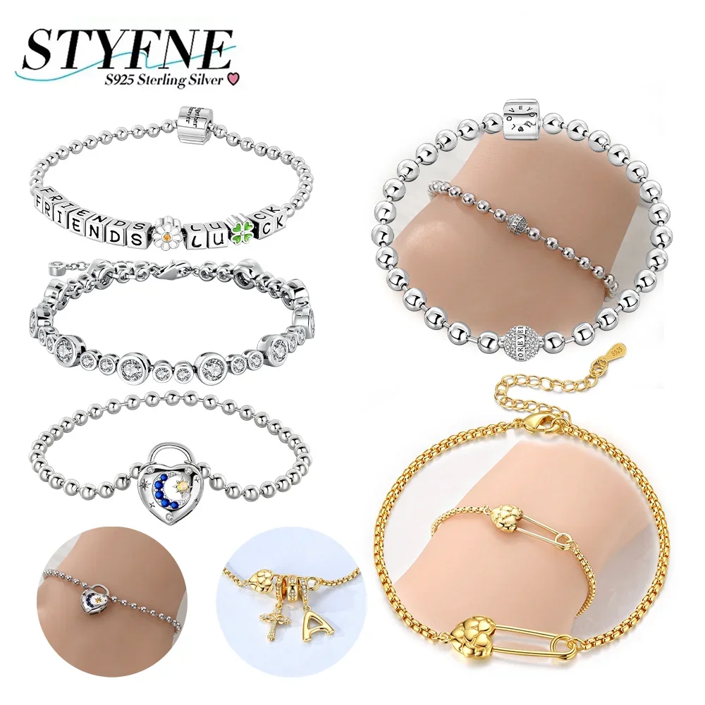 Original 925 Silver Ball Letter Flower Heart Lock Chain Adjustable Bracelet Birthday Valentine's Day Jewelry Fine Gift for Women