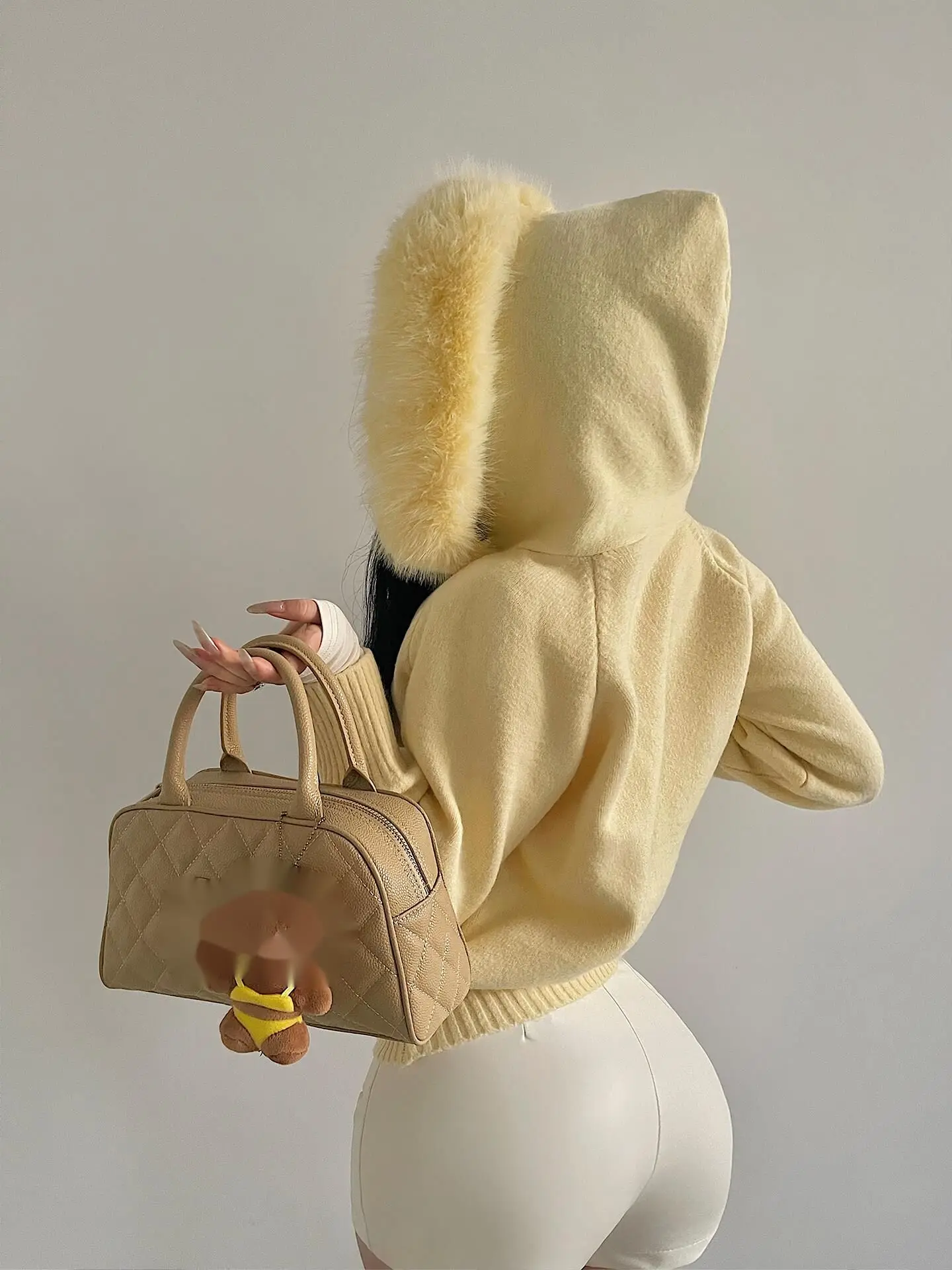 Puro desejo estilo suave solto emagrecimento gola peluda com capuz zíper camisola de malha cardigan casaco moda sexy casaco feminino is2c