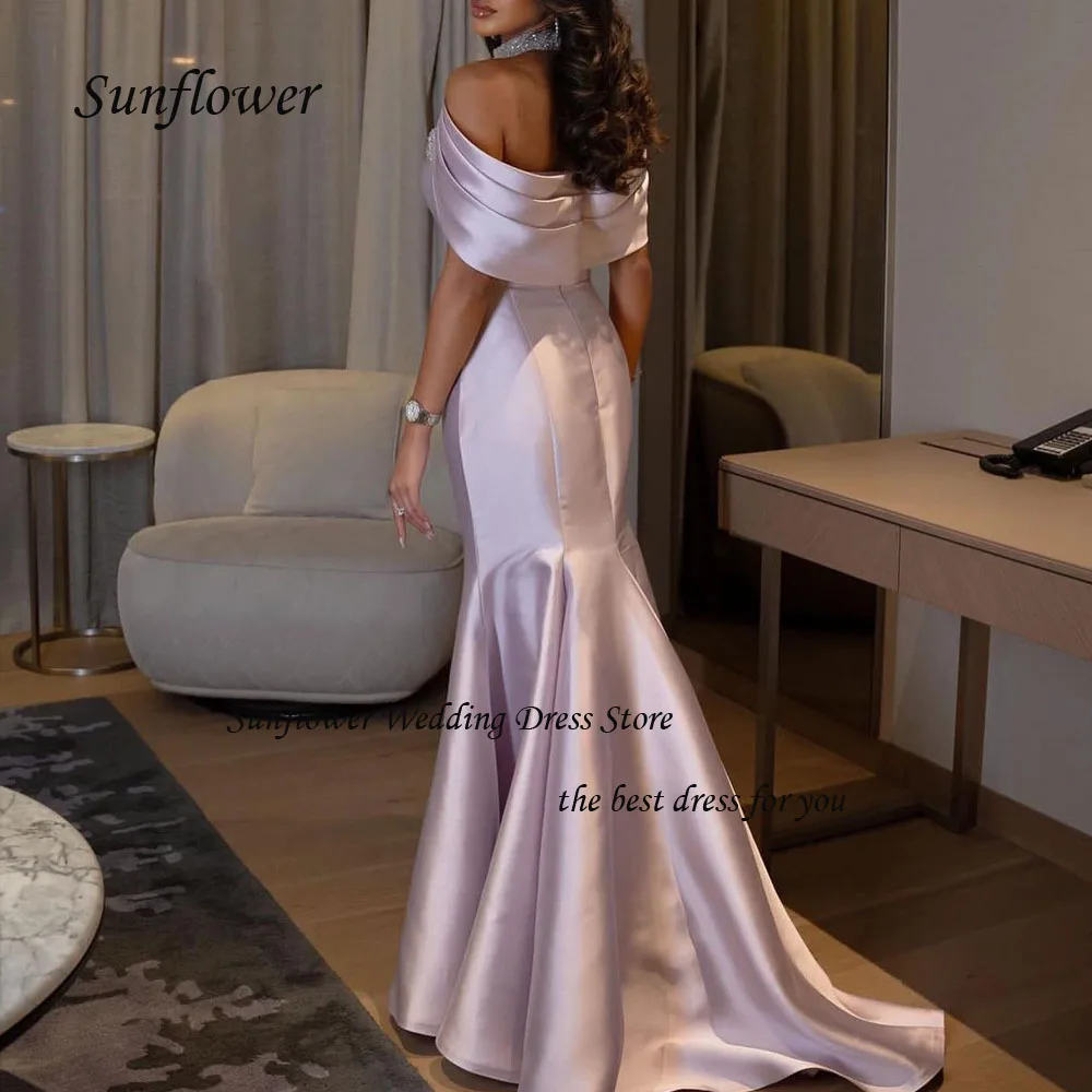 Sunflower Pink Halter Evening Dress 2023 Slim Satin Off the Shoulder Short Sleeves Mermaid Prom dress Floor-Length Party Dress