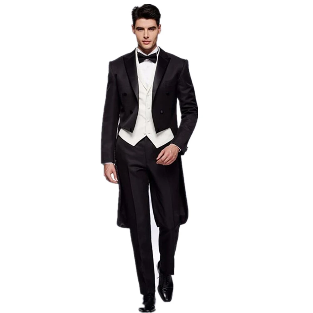 Black Men Tuxedo Tailcoat Formal Dress Suits Swallow Tail Coat Male Jacket Vest Pants Party Wedding Suit Dance Magic Performance