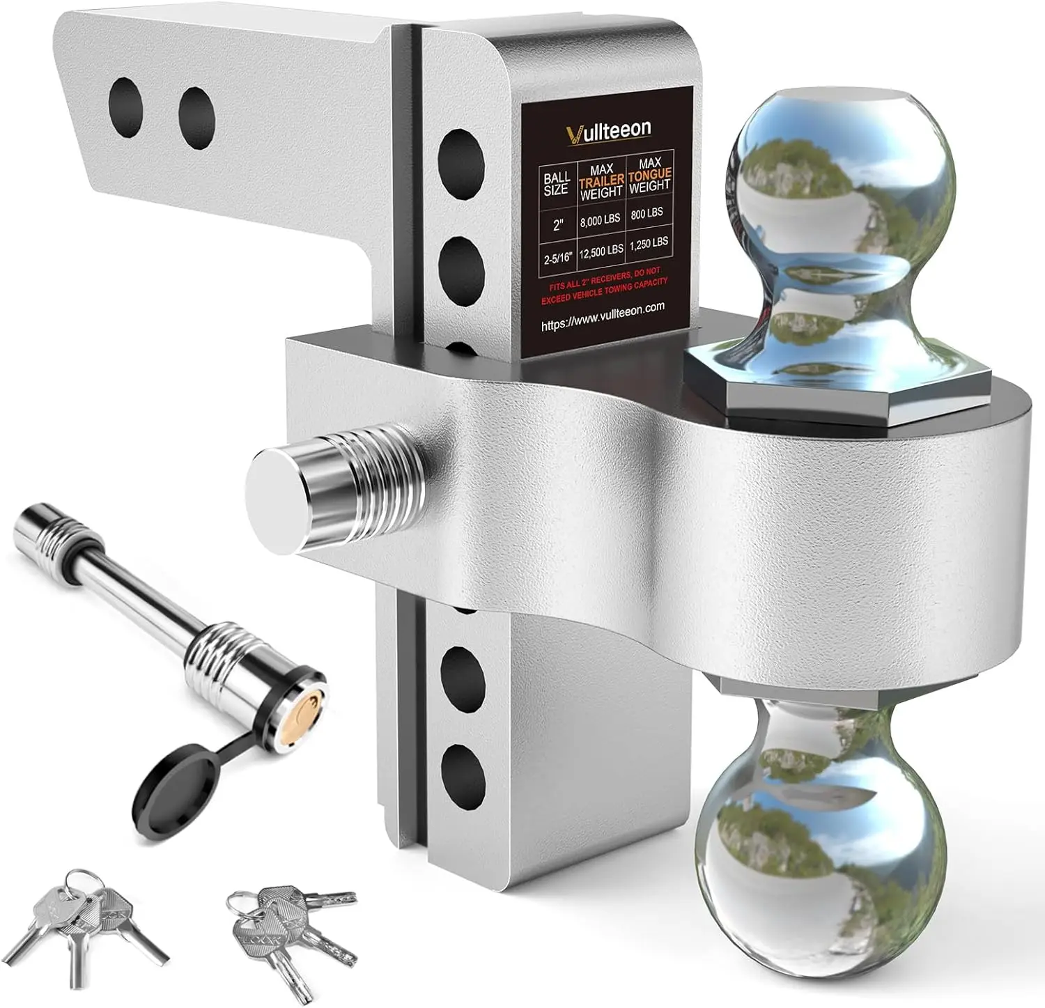 Trailer Towing, Aluminum, Chrome, 12,500 LBS GTW, Adjustable 6 Inch Drop Hitch with Dual Ball Mount