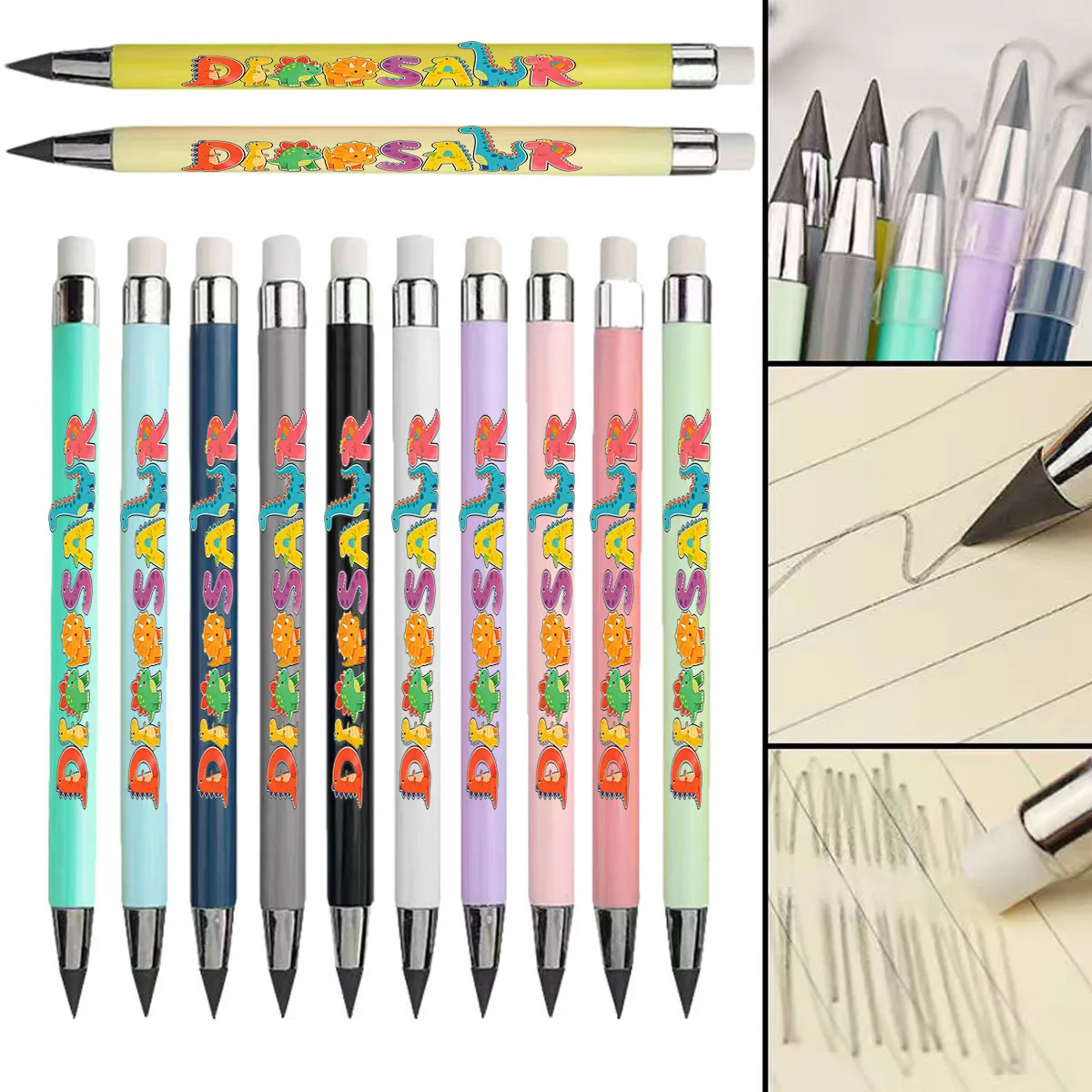 

12 pack dinosaur text pattern eternal pencil macaron color not easy to break pencil student sketching pencil