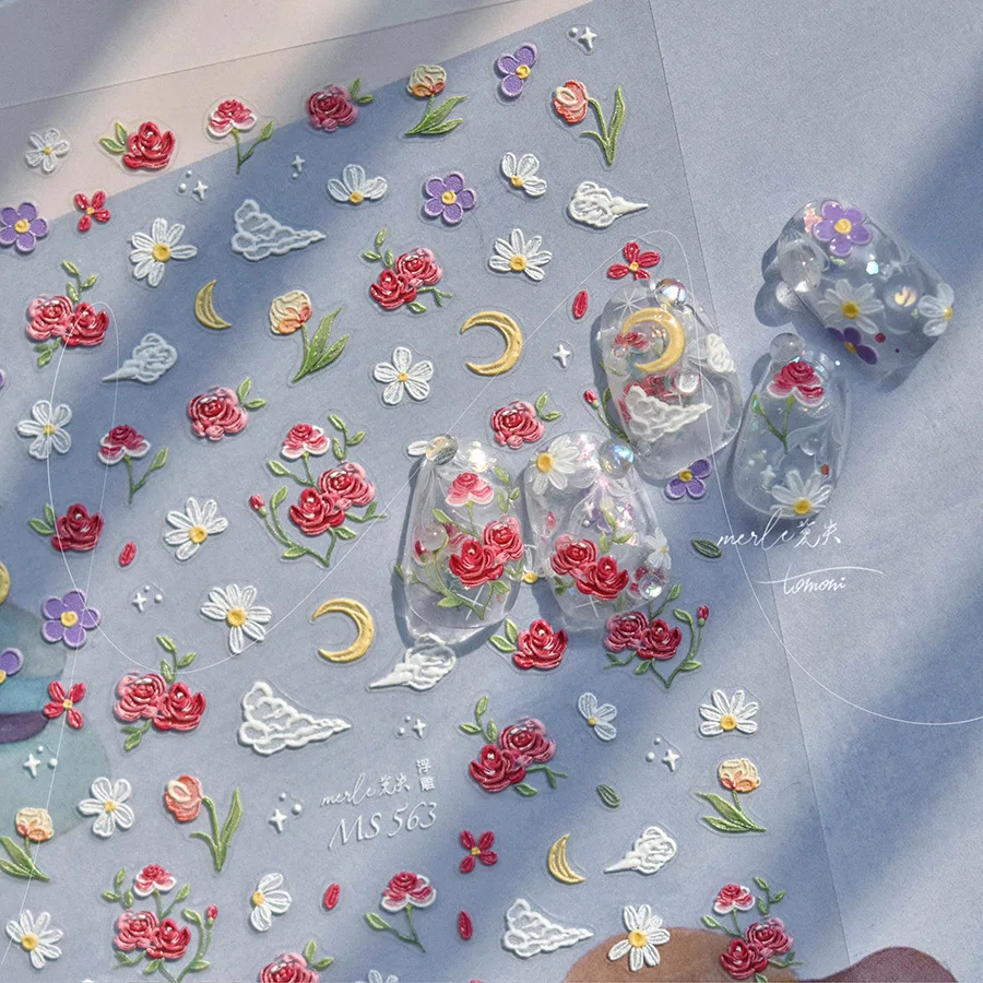 1 pçs 5d alívio cinco pétalas flor arte do prego adesivos kawaii requintado vermelho rosa decoração do prego decalques adesivo transferência slider diy