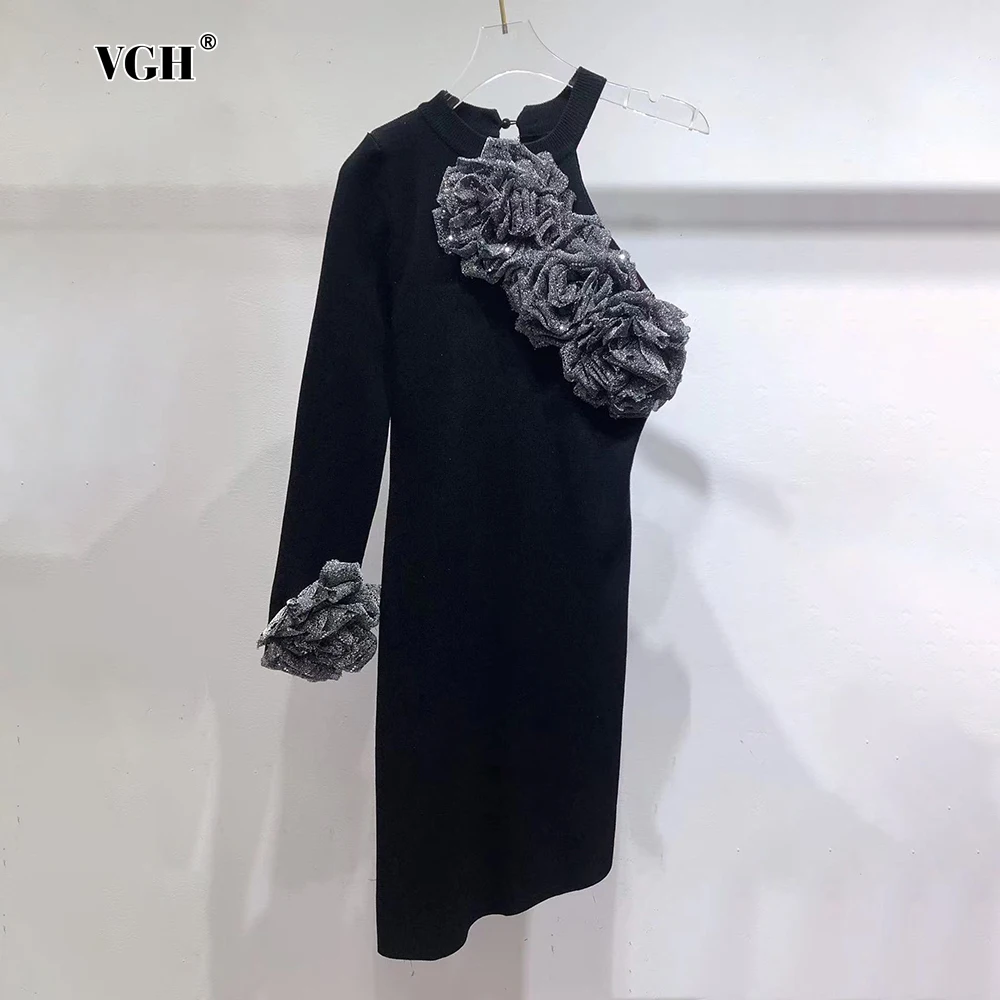 VGH Spliced 3d Mesh Flower Dress For Women O Neck Off One Shoulder Patchwork Sequins Designer Knitted Dresses Female Autumn New