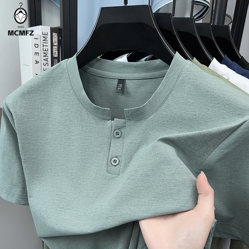 Male lightweight henley short sleeve shirt soft stretch knit two notch neck sweat wicking weekend outing leisure garment