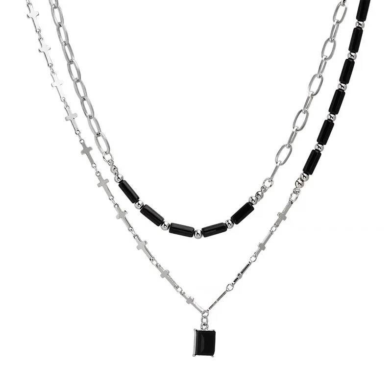 

Double Layer Cross Necklace with Dark Natural Stone Pendant for Women Summer High-End Unique Design Choker
