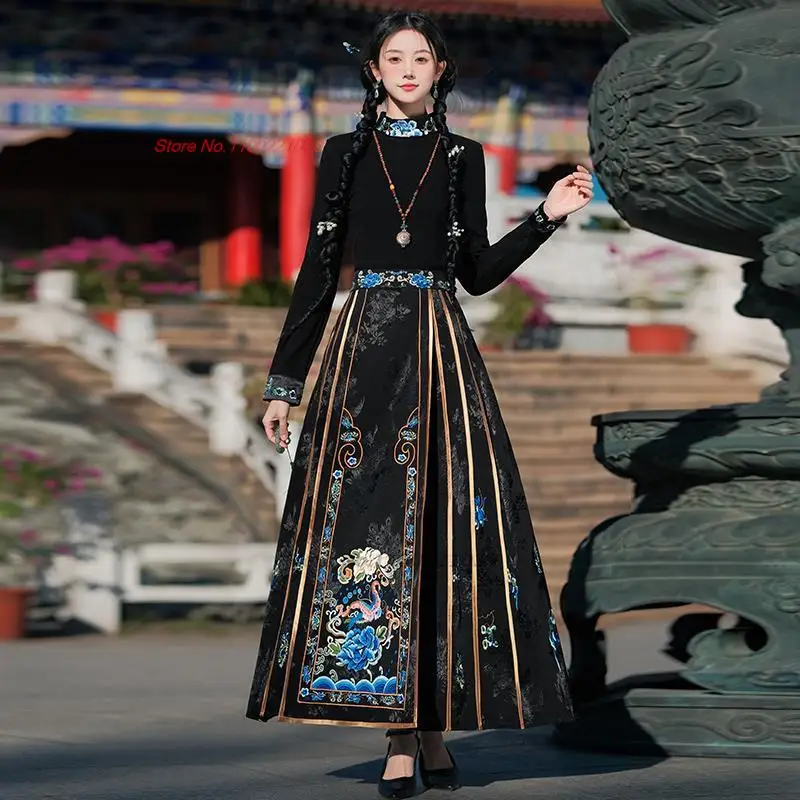 2025 chinese improved t-shirt national flower embroidery stand collar shirt vintage hanfu tops ethnic retro tang suit base shirt