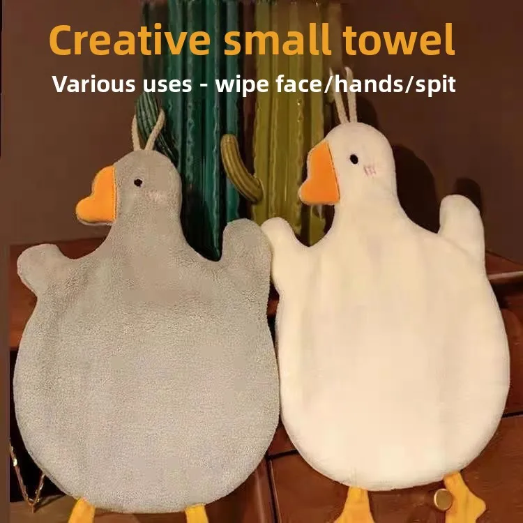 Cartoon Goose Coral Velvet Kitchen Hand Towels, Hangable, Thickened, Water-Absorbent for Household Use, Pack of 2