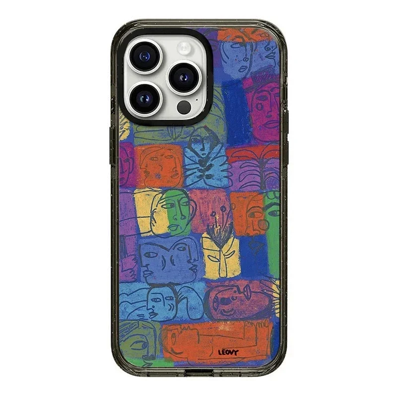 強化された抽象的な落書き電話ケース,iPhone 11,12,13,14,15,16 pro max用のアクリルボーダー付きケース