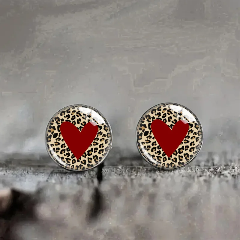 Vintage Heart Leopard Print Glass Earrings Stainless Steel Round Lip Stud Earrings For Women Jewelry