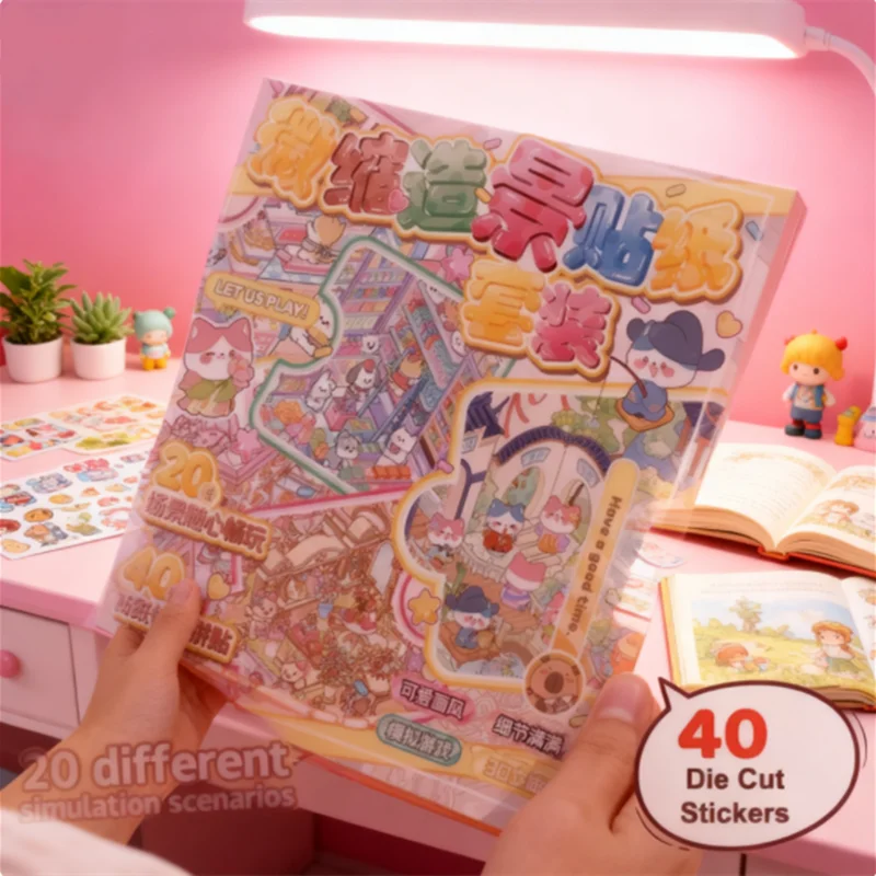 HUAHUA1Pack of 3D DIY Sticker Book Cartoon Landscape Pocket Stickers Miniature Cabin Scene Decals Unique Birthday PresentsHUAHUA