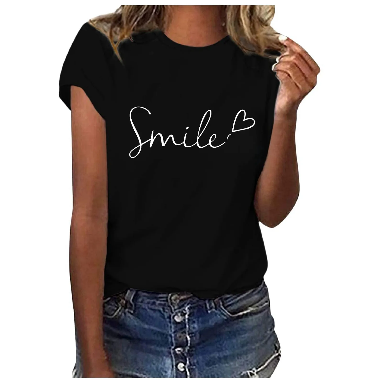 T-Shirt da donna a maniche corte con stampa lettera o-collo T-Shirt da donna a maniche corte in tinta unita Top Regular Fit Streetwear Fashion T-Shirt