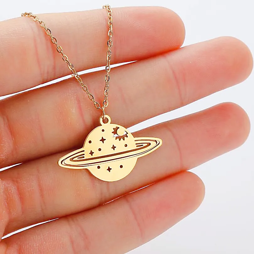 Planet Saturn Star Charm Chokers Necklaces For Women Stainless Steel Chain Pendant Fashion Necklaces 2023 Collares Para Mujer