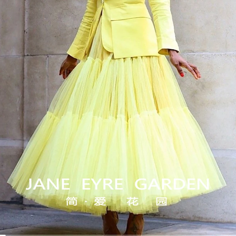 2024 Autumn and Winter Fashion Yellow Mesh Pleated Fluffy Maxi Woman Skirt Splicing Big Hem Women's Tutu long skirt Plus Size