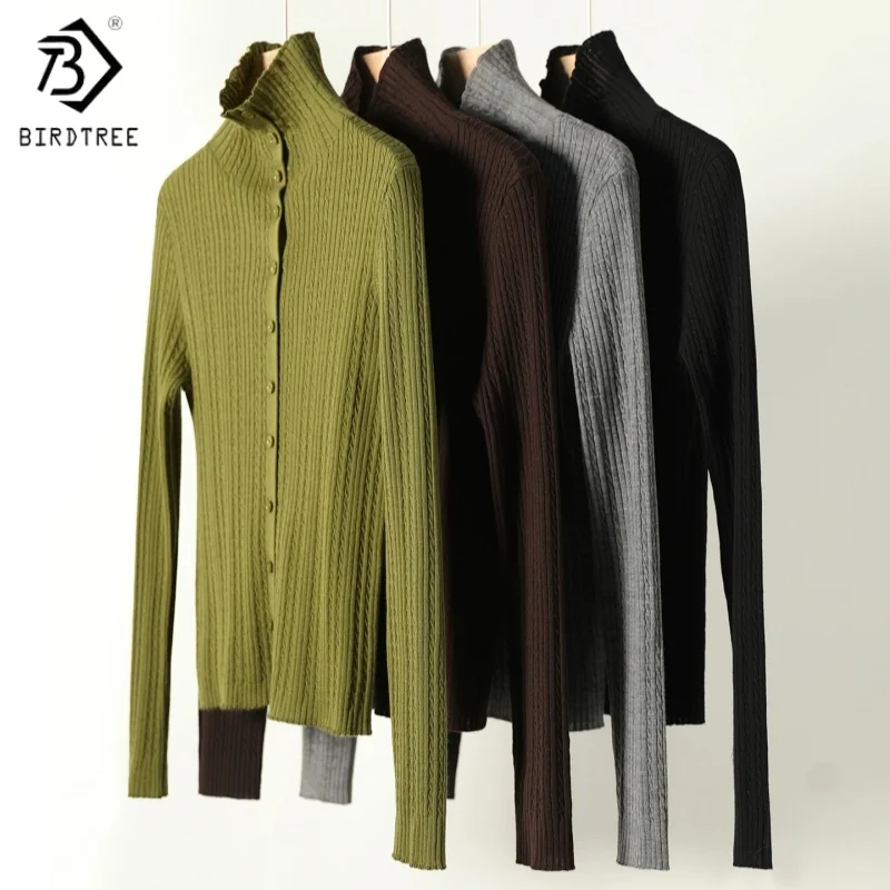 

Birdtree,100% Sheep Wool Undershirt,Women Knitted Bottoming Shirt,Turtleneck,Single Breasted,Autumn Winter Pullover T5N911JF