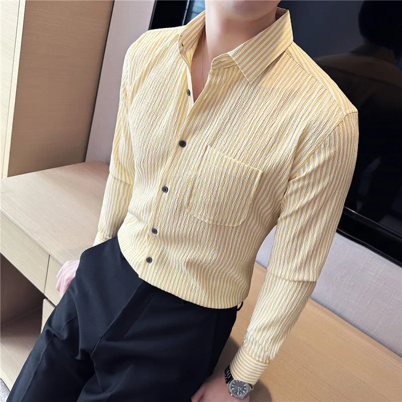 Seersucker Fabric Striped Shirt Men\'s Summer Long Sleeve Slim Fit  Shirt Fashion Versatile Casual Sunscreen Clothes Shirts Coat