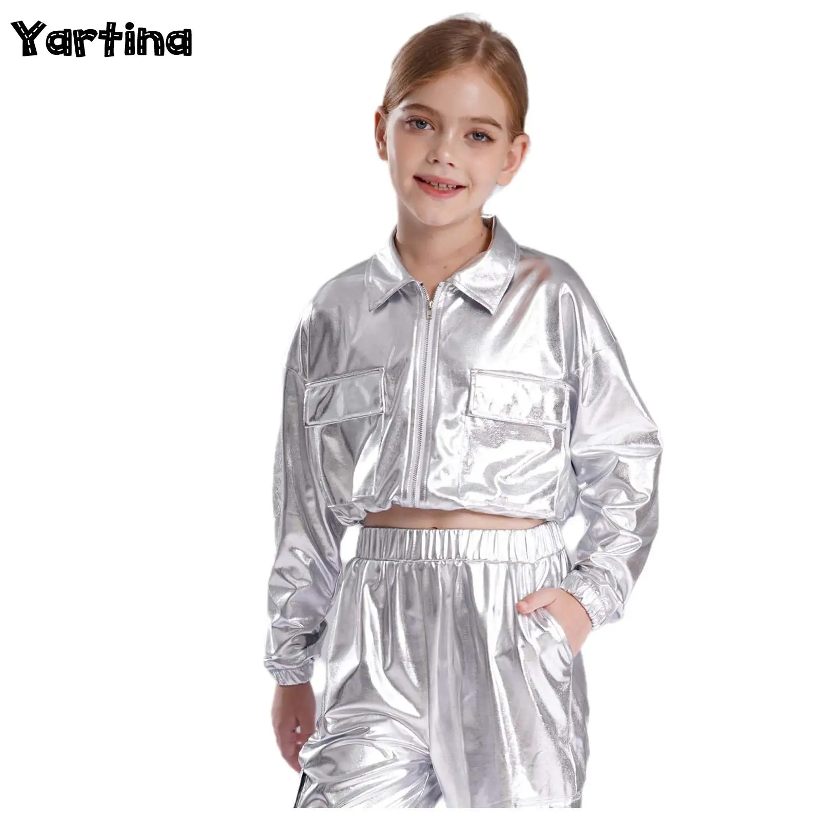 Costume de spectacle de danse Jazz Hip-Hop pour enfants, garçons et filles, veste métallique brillante, hauts col rabattu, vêtements d'extérieur avec poches à rabat