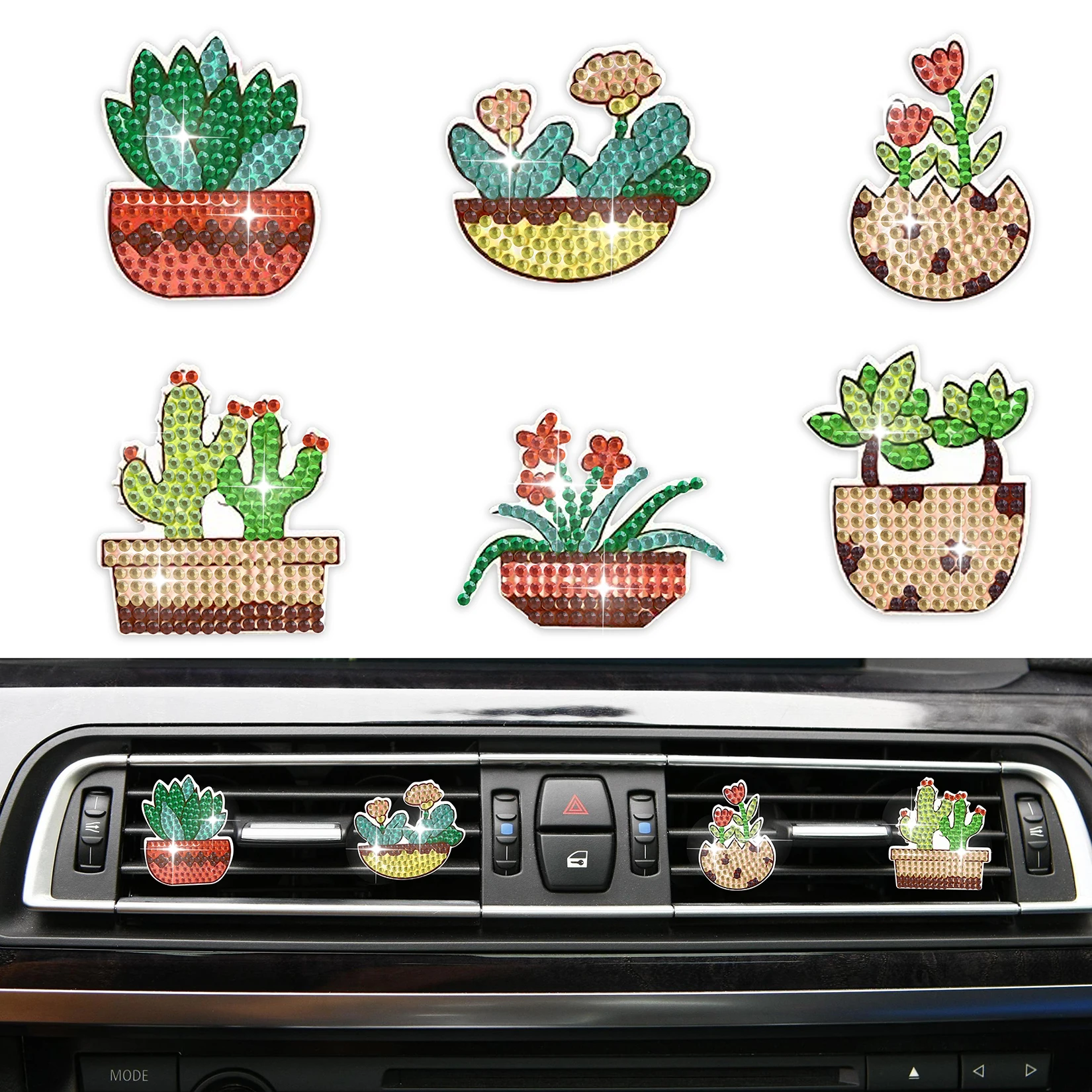 6pcs/set DIY Potted Plant Pattern Diamond Painting Kits Automotive Decoration Diamond Art Car Air Conditioning Outlet Decor