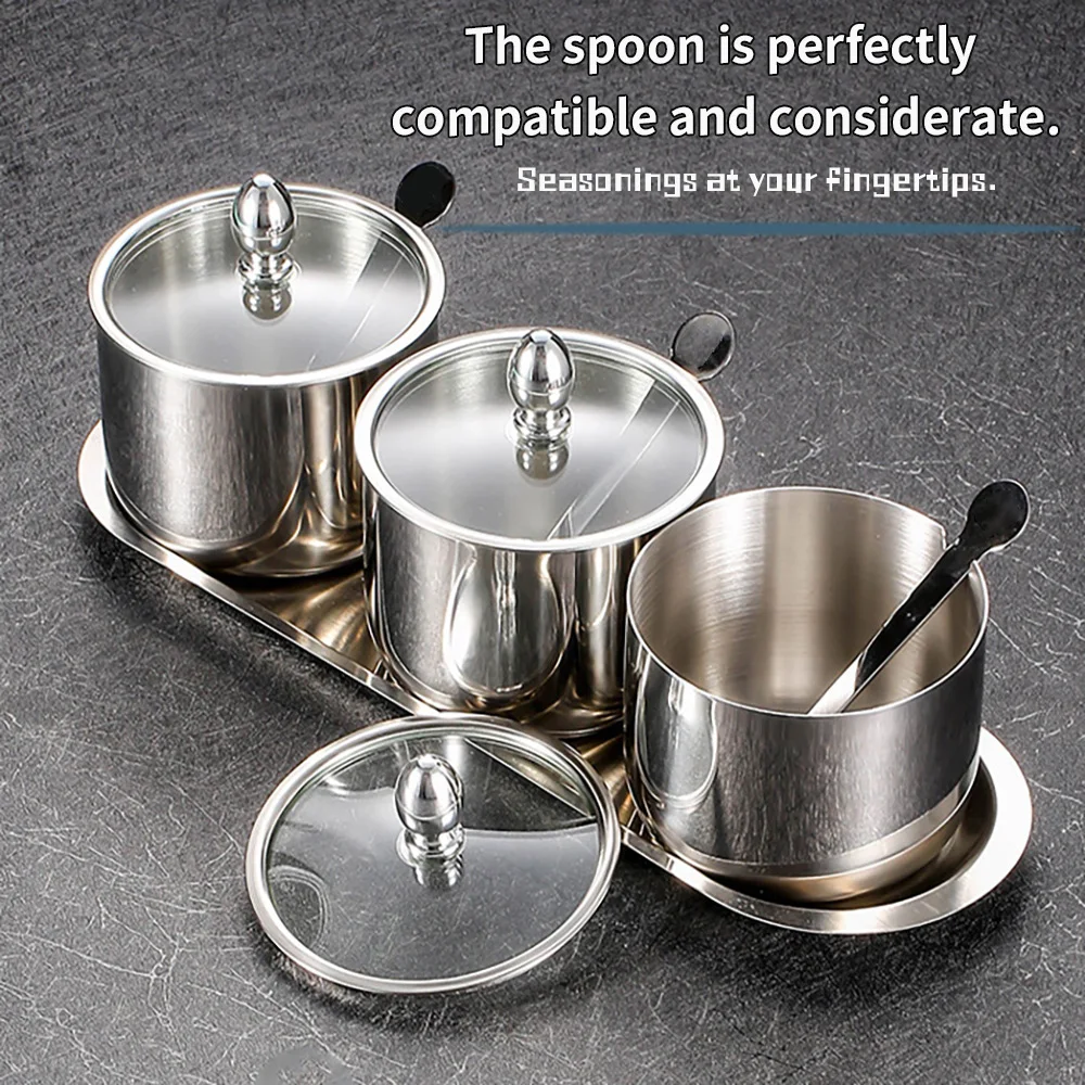 

Stainless steel seasoning jar set, spice container with glass lid and spoon, suitable for pepper, salt, spices, candy