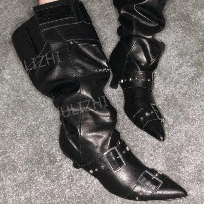 

Vintage Folding Boots Black Studded Trim Buckle Women Kitten Heels White Loose Denim Button Soft Leather Street Stle Spring Shoe