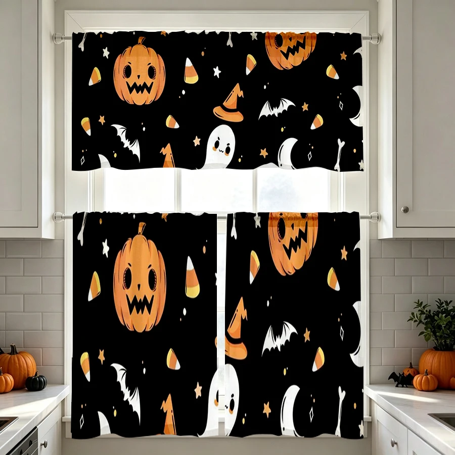Halloween Fall Kitchen Curtains, Black Pumpkin Ghost Bat, Digital Print, Kitchen Dining Room, Rod Pocket Polyester, Home Decor