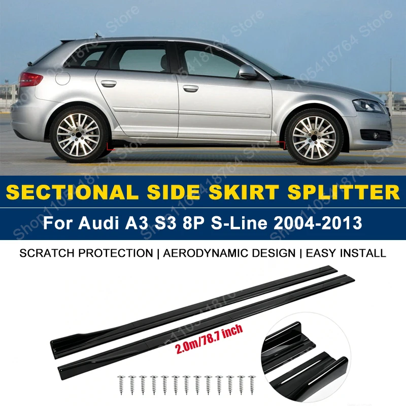 2M/78.7" Side Skirts Extension Rocker Panel Splitter For Audi A3 S3 8P S-Line 2004-2013 2005 2006 2007 2008 2009 ABS Plastic