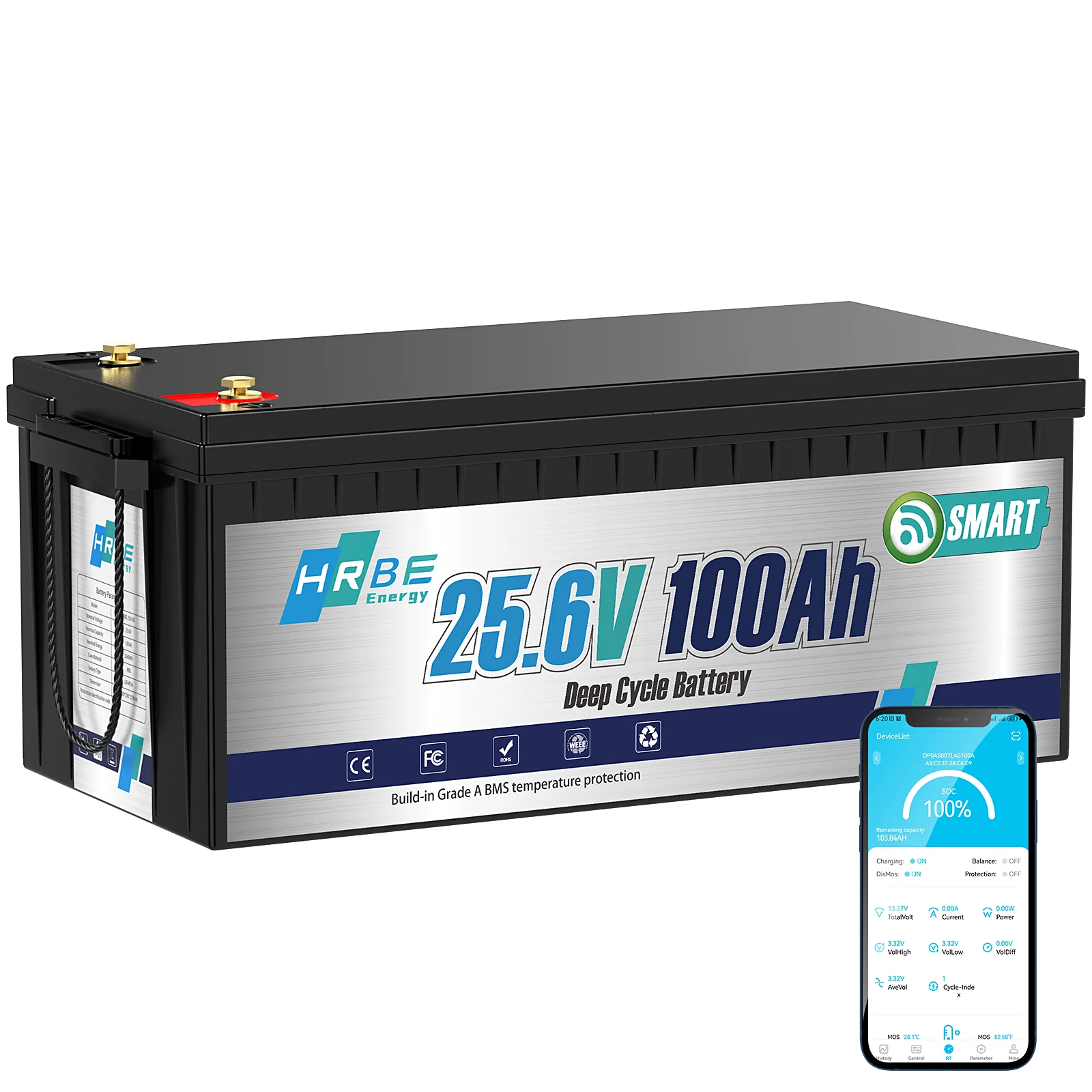 HRBEEnergy 24V 100AH Bluetooth LifePo4 Lithium Battery With BMS with Low Temperature Protection for Off-Grid,Home Power System