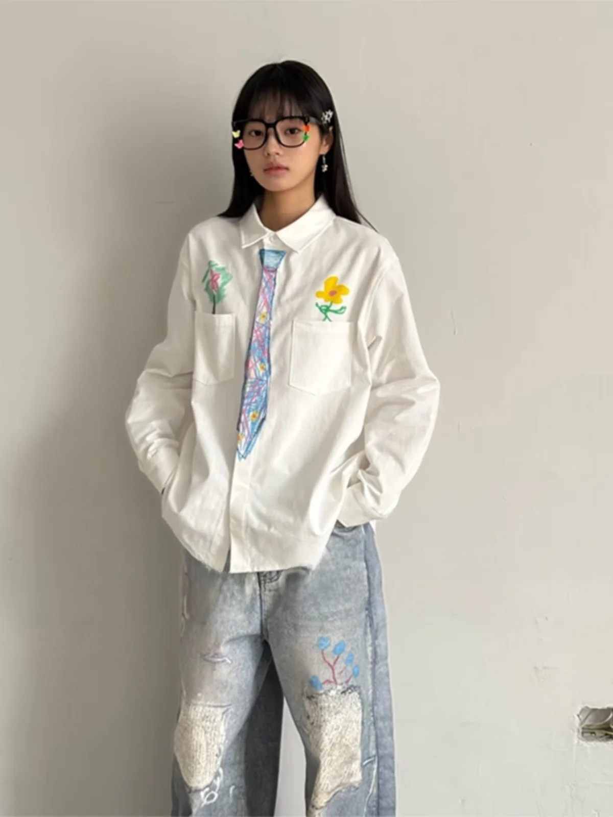 

Hand-Drawn Design Men's Shirt with Tie Spring 2025 Long Sleeve College Style Outerwear Loose Fit Printed Youth Fashion