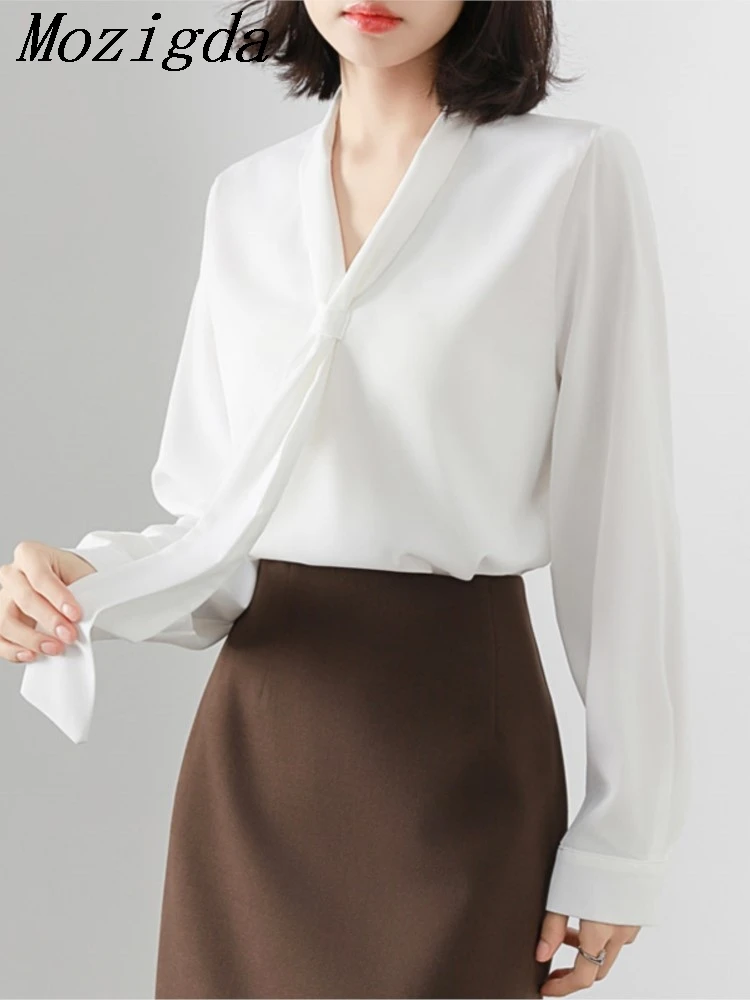 

Весенняя белая рубашка с длинным рукавом, женская корейская стильная свободная офисная женская однотонная шифоновая блузка с v-образным вырезом, женские топы