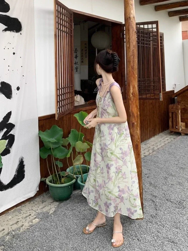 긴 꽃 보라색 꽃 쉬폰 새틴 실크 민소매 여성 드레스 Sundress 드레스 여성용 맥시 슬립 한국 스타일 미적