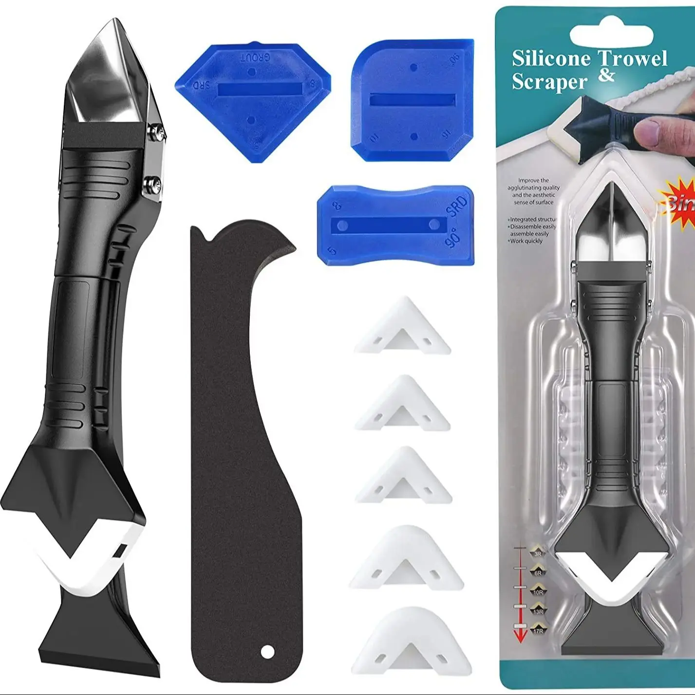 Kit d'outils pour enlever le calfeutrage 5 en 1, outil de retrait du coulis, outil de finition de mastic, grattoir d'angle de colle pour les rénovations de fenêtres et d'évier