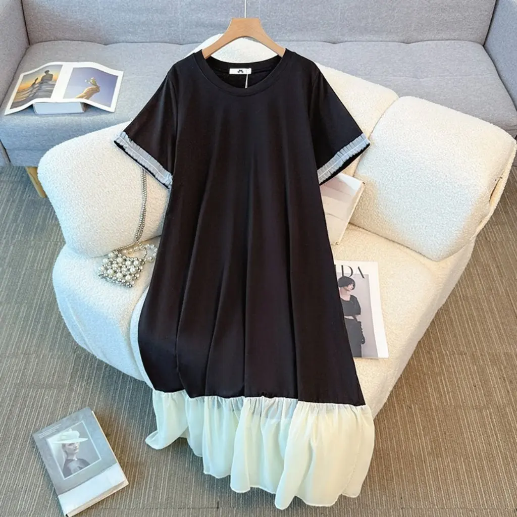 

Лето больших размеров, новый стиль, хлопковое платье с цветными блоками, элегантный маленький ароматный стиль для женщин, более 130-350 фунтов