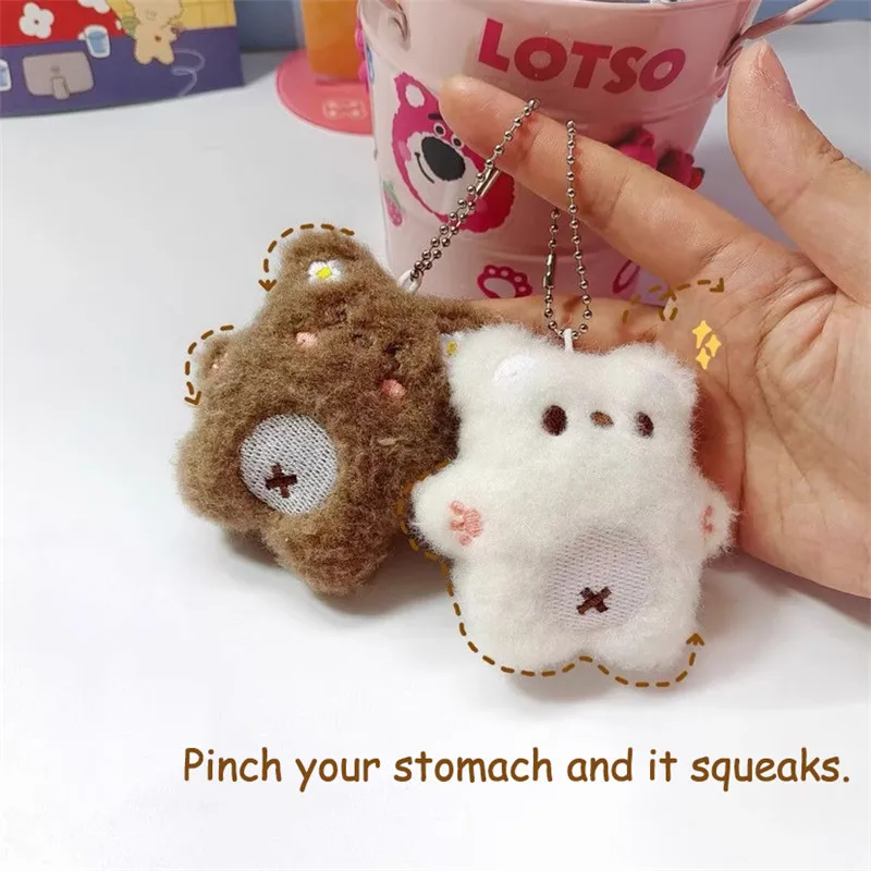 Soft Keychain Cartoon Bear Pendant Key Chain Squeak Toy Cute Plush Stuffed Key Chains Bag Decorations Couple Friends Kids Gifts