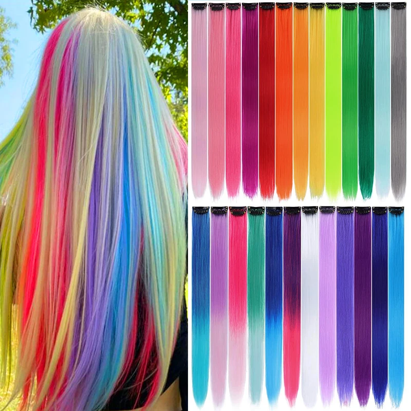 Extensões coloridas do cabelo para crianças, grampo em extensões do cabelo, hairpieces sintéticos, colorido, reto, multi-color, destaques do partido, 22"