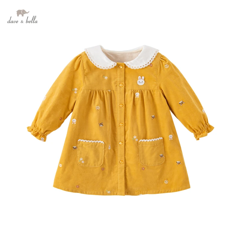 Dave Bella Girls Cotton Dress Girls Autumn Dress Kids Sweet Cute Dress Children Casual Yellow Dress 2-7 Years DB3223497