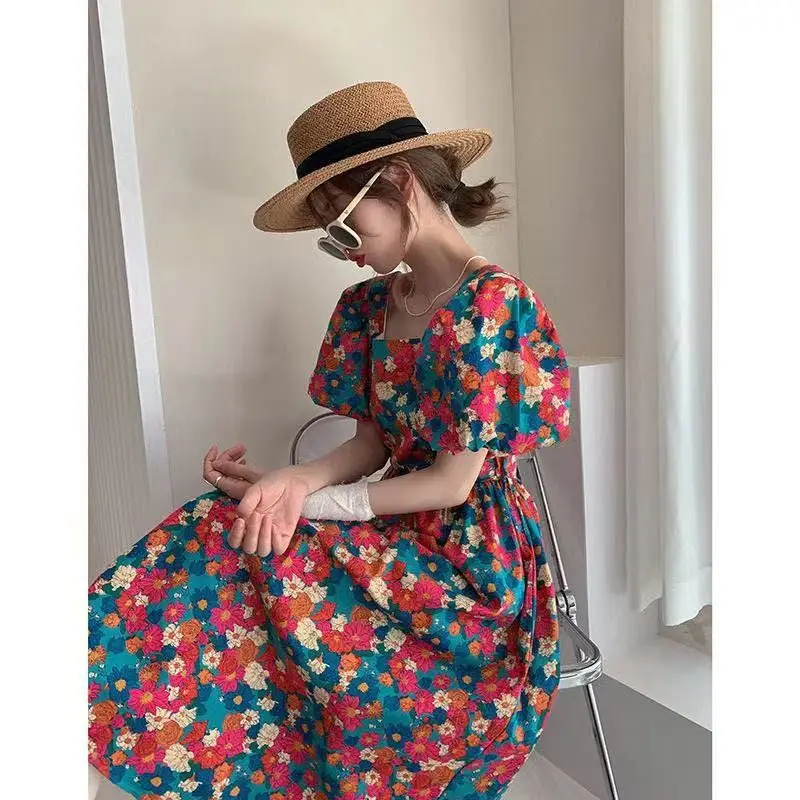 Korejpaa Beach Dress Elegant Square Collar Backless Oil Painting Floral Summer Dresses Elegant Slim High Waist Vestidos Femme