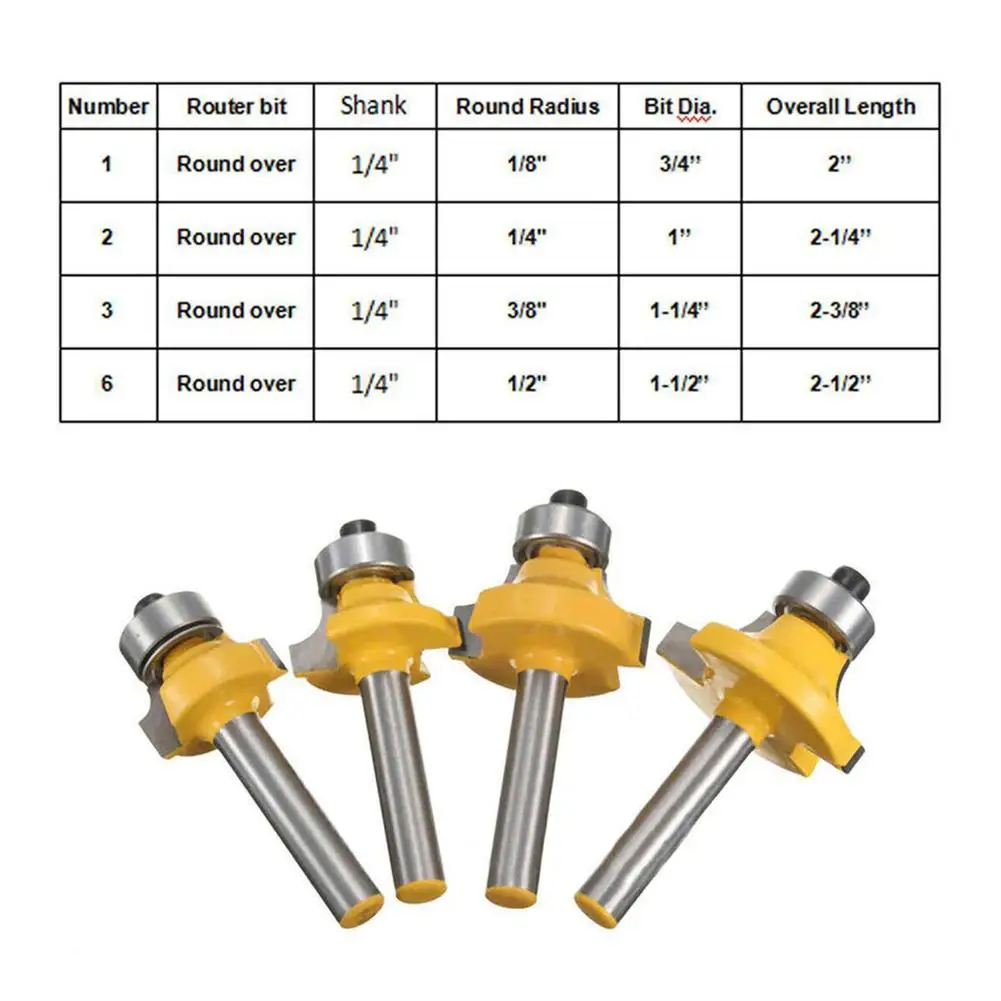 4 Stuks 1/4-Inch Schacht Round-Over Rand Router Bit Set Hoek Afronding Rand Vormen Bit Houtbewerking Tool