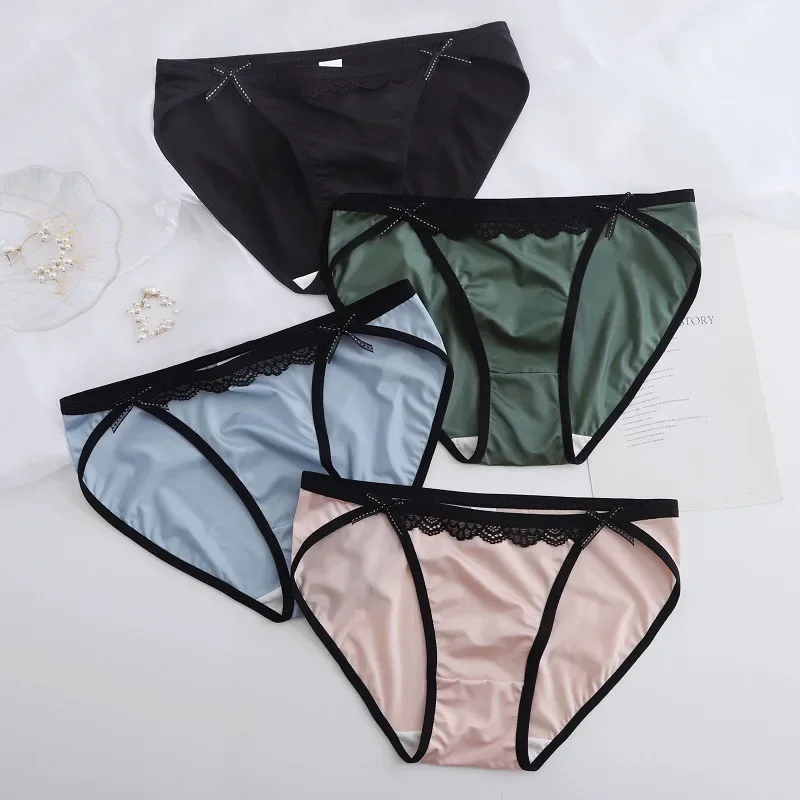 Japanese Sexy Satin Ice Silk Smooth Ribbon Bowknot Comfortable Low Waist Lace Triangle Sweetheart Underwear WOMEN  Panties