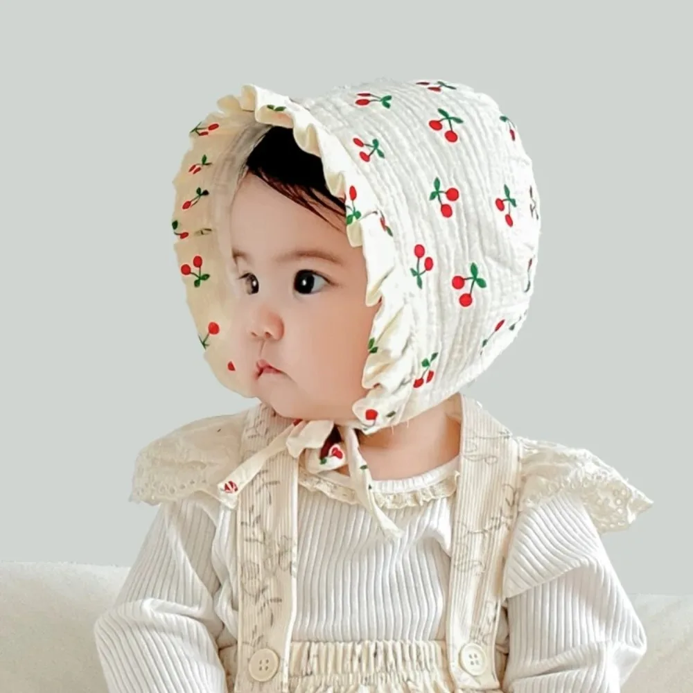 

Ruffles Korean Baby Fetal Cap Flower Cherry Print Soft Cotton Newborn Sun Hat New Princess Infant Beanie Cap For Kids