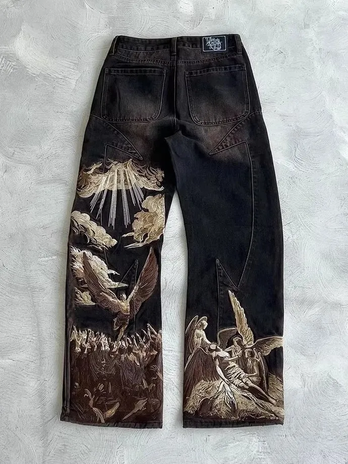 

Y2K Cross-Border Trendy Brand Fallen Angel Embroidered Jeans High Street Design Loose Straight Leg Pants Ins Trendy
