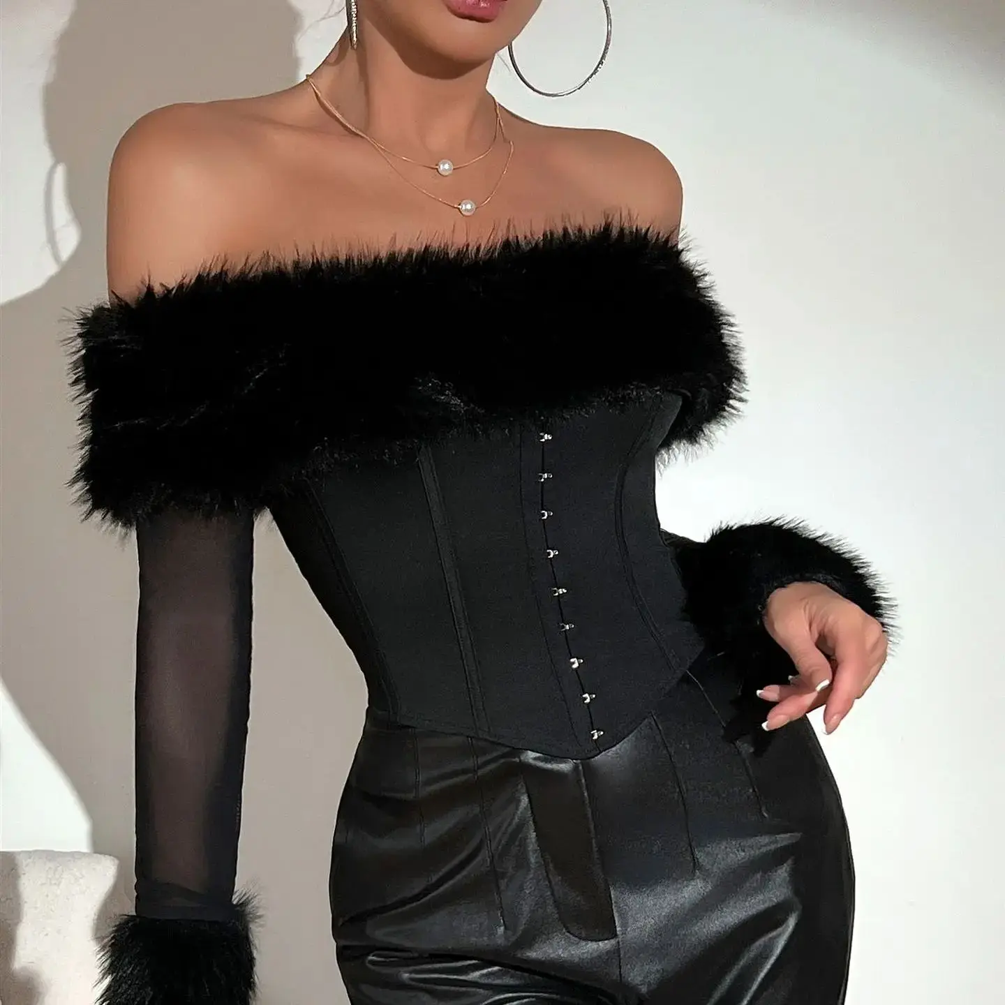 Off The Shoulder Long Sleeve Tops with Feather Blouse Women Sexy Corset Crop Top Party Club Bustier Fashion Slim Shaper Camisole