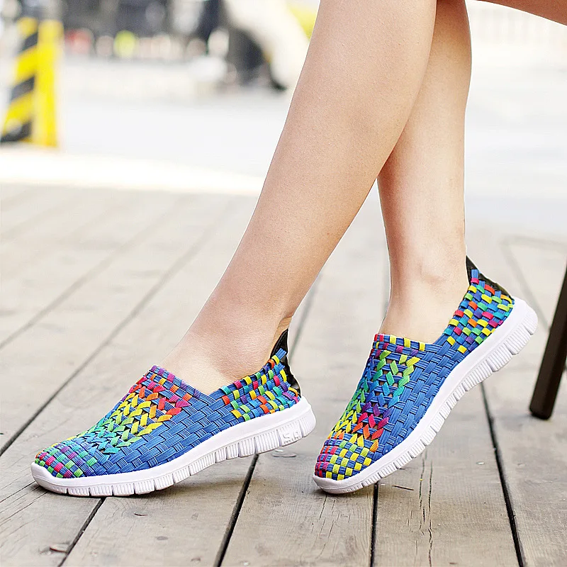 Women Shoes Summer Flats Female Loafers Woman Casual Flat Woven Shoe Mesh Breathable Sneakers Slip on Colorful Plus Size 42