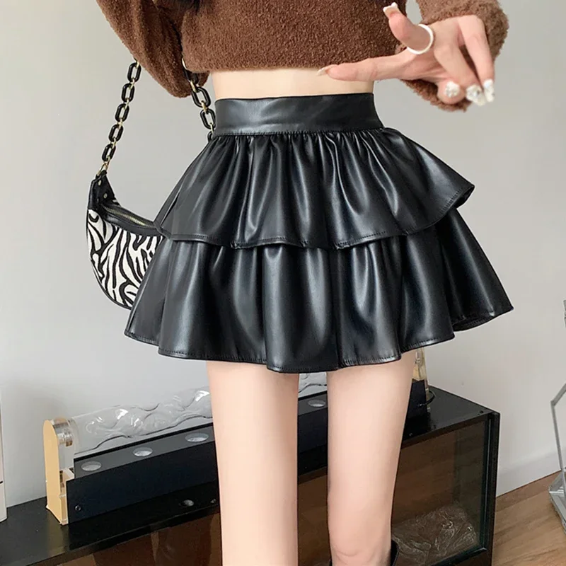 Autumn Women's Shinny Black PU Leather Pleated Skirt Super Mini Short Skirts Party Costume Skirts Woman Clothing