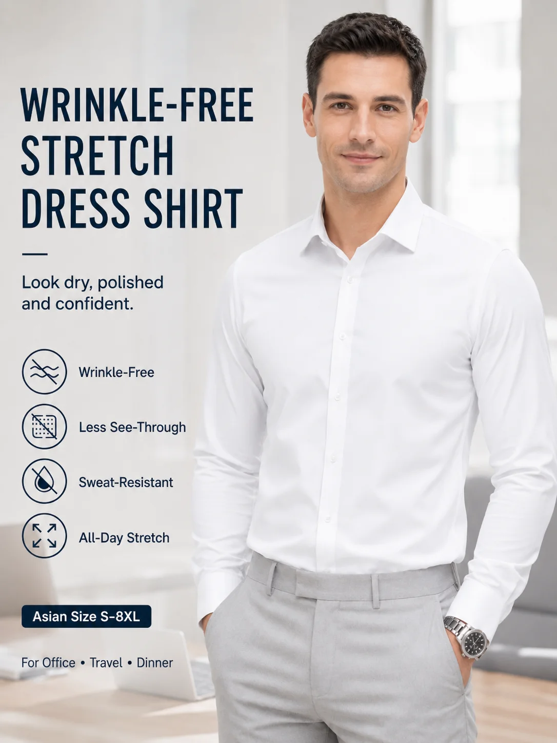 Mens Non-Iron Stretch Dress Shirt Long Sleeve Wrinkle-Free Business Casual Office Shirt Breathable Easy Care Formal Workwear Top