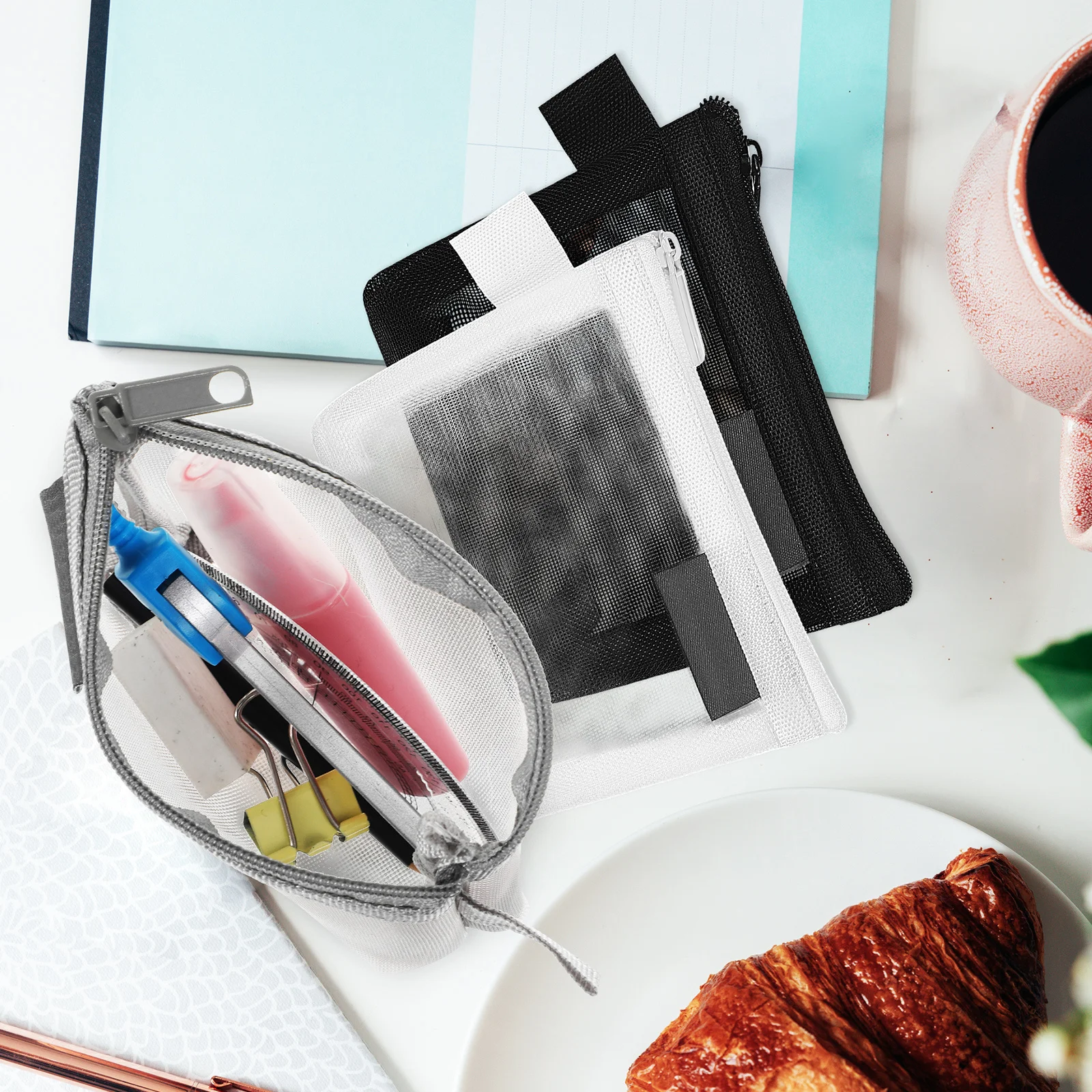 

3pcs Coin Purse Lightweight Black White Gray Mesh Pouch Clear Zipper Bag ganizer Compartment Secure Small Wallet Makeup Bath