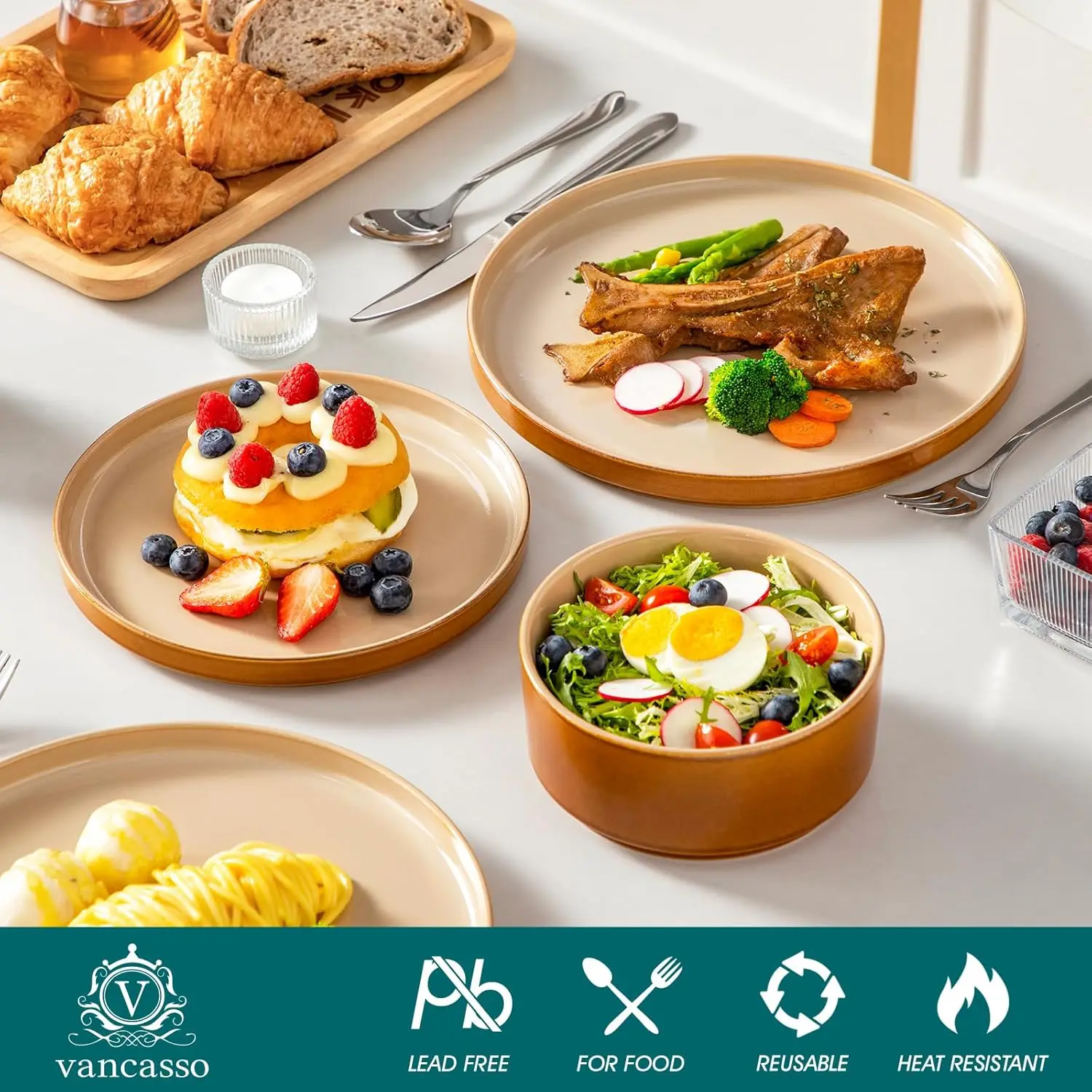 ONION セラミックプレートとボウルセット、24ピースブラウン食器セット（キッチン用）、リアクティブグレーズ食器セット（8人用）、食器洗い機対応